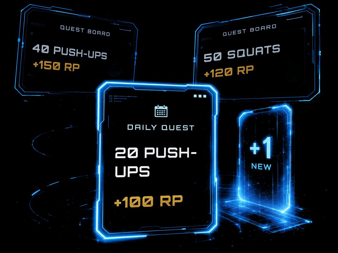 The daily quest card, 20 push-ups for 100 RP, in front of two quest board cards.